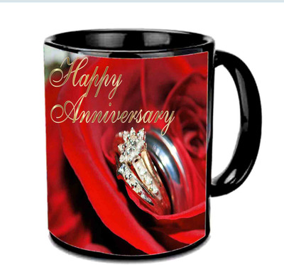 

Raj Laxmi Anniversary Wishes With Lovely Ring Design Multicolor Ceramic Mug(350 ml), Black