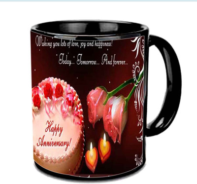

Raj Laxmi Anniversary Wishes With Lovely Roses N Cake Design Multicolor Ceramic Mug(350 ml), Black
