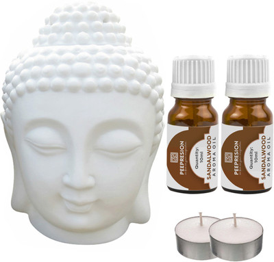 PEEPRESION sandalwood Aroma Oil White Buddha Diffuser Set with 2SW_Aroma oil and T-light(5 x 10 g)