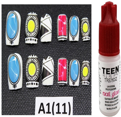 

Ear Lobe & Accessories Round Tip Full Cover Nails With Glue 12 Pcs A1(10) Multicolour(Pack of 12)