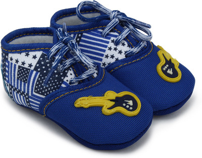 

Superminis Baby Boys Guitar Style Printed Soft Base Booties/ Shoes With Knot Closure Booties(Toe to Heel Length - 11 cm Blue)