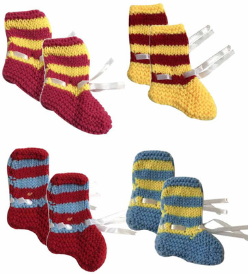 

cute collection Cute Collection- Handmade/ Knitted Woolen Socks for New Born Baby (Unisex, 0-6 months) 4 pair Booties(Toe to Heel Length - 5 cm Mulitcolor)