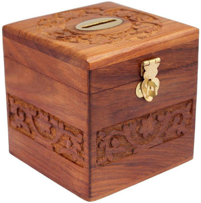 

Happie Shopping Wooden Coins Storage Box, Money Bank With Carving Work And Lock. Piggy Bank For Kids, Gift For Christmas Or Birthday Coin Bank (Brown) Coin Bank(Brown)