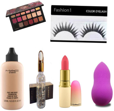

FASHION 1 Combo kit of huda rose gold multicolor eye shadow,mac smoothing perfecting primer,studio face and body foundation,lipstick,eyelashes and sponge puff(Set of 6)