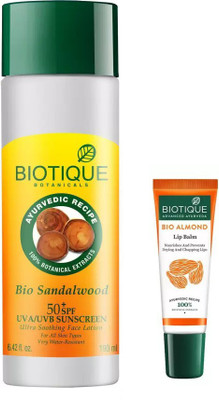 

BIOTIQUE BIO SANDALWOOD 50+ SPF SUNSCREEN ULTRA SOOTHING FACE LOTION FOR ALL SKIN TYPES 190ML - SPF 50 PA+, LIP BALM(Set of 2)