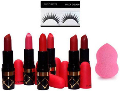 

blushinsta combo kit of eyelashes lipstick sponge puff (Set of 8)(Set of 8)