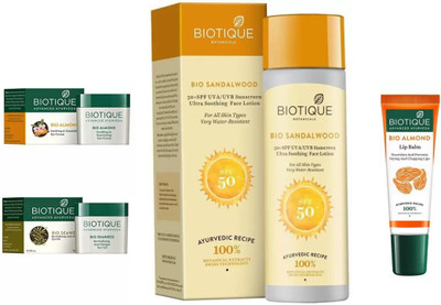 

BIOTIQUE BIO ALMOND SOOTHING & NOURISHING EYE CREAM, SEA WEED REVITALIZING ANTI-FATIGUE EYE GEL, Sandalwood Ultra Soothing Face Lotion 50+ SPF UVA/UVB, LIP CARE(Set of 4)