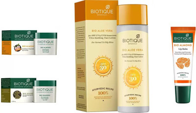 

BIOTIQUE BIO ALMOND SOOTHING & NOURISHING EYE CREAM, SEA WEED REVITALIZING ANTI-FATIGUE EYE GEL, SPF30 FACE LOTION, LIP BALM(Set of 4)