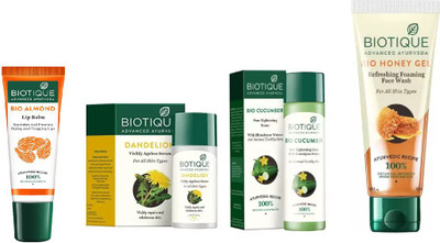 

BIOTIQUE BIO Dandelion Ageless Lightening Serum, Cucumber Pore Tightening Toner, Honey Gel Face Wash, LIP BALM(Set of 4)