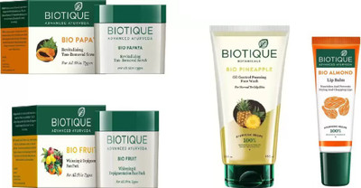 

BIOTIQUE BIO Honey Refreshing Foaming Face Wash, Fruit Whitening & Depigmentation Face Pack, Papaya Revitalizing Tan-Removal Scrub LIPI BLAM(Set of 4)