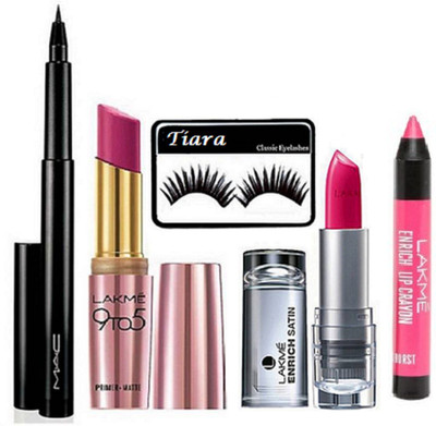 

tiara Eyelashes , Lakme Enrich Lipstick & Crayon , Primer Matte Lipstick , Mac Pen Eyeliner(Set of 5)