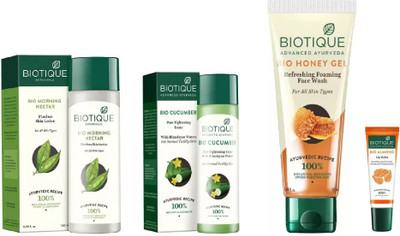 

BIOTIQUE BIO BIO Morning Nectar Flawless Skin Moisturizer, Cucumber Pore Tightening Toner, Honey Gel Face Wash, LIP BALM(Set of 4)