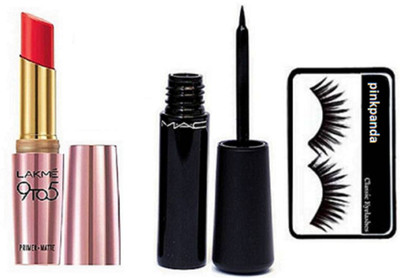 

Pinkpanda Eyelashes & Primer + Matte Lipstick Crimson, Liquid Eyeliner.(Set of 3)