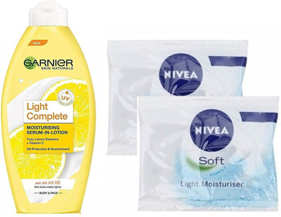 

Garnier Light Complete Moisturising Serum In Lotion with Nivea Soft Light Moisturiser Sachet, 8ml Each(Set of 3)