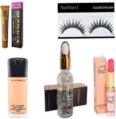 

FASHION 1 Combo of mac smoothing perfecting primer,foundation,dermacom,primer+matte lipstick with eyelashes(Set of 5)