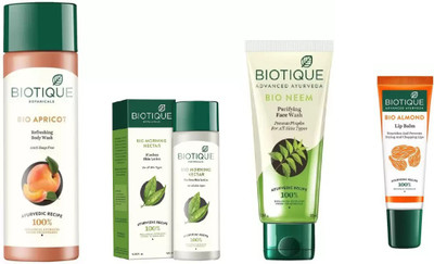 

BIOTIQUE BIO Apricot Refreshing Body Wash, Morning Nectar Flawless Skin Moisturizer, Honey Gel Refreshing Foaming FaceÂ cleanser ,LIP BLAM(Set of 4)