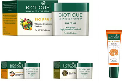 

BIOTIQUE BIO ALMOND SOOTHING & NOURISHING EYE CREAM, SEA WEED REVITALIZING ANTI-FATIGUE EYE GEL, Fruit Whitening & Depigmentation Face Pack, LIP BALM(Set of 4)