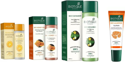 

BIOTIQUE BIO Sandalwood Ultra Soothing Face Lotion 50+ SPF UVA/UVB, Honey Gel Refreshing Foaming Face cleanser , Cucumber Pore Tightening Toner,LIP BALM(Set of 4)