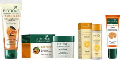 

BIOTIQUE BIO Sandalwood Ultra Soothing Face Lotion 50+ SPF UVA/UVB, Honey Gel Face Wash, Papaya Revitalizing Tan-Removal Scrub, LIP BALM(Set of 4)