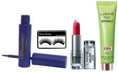 

divas beauty Eyelashes With Mac Padhma Liquid Eyeliner & enrich Matte Finish Long Lasting Lipstick, Lakme 9 to 5 Naturale CC Cream(Set of 4)