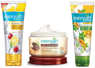 

Everyuth Naturals Skin Essentials Moisturising Cream Cocoa Butter, Wheatgerm & Almond 100ml, And Tulsi Turmeric 50g + Lemon & Cherry 50g Face wash(Set of 3)