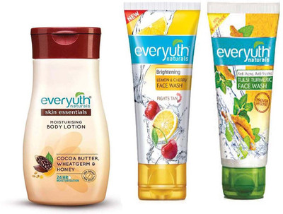 

Everyuth Naturals Skin Essentials Moisturising Body Lotion Cocoa Butter, Wheatgerm & Honey 90ml and Tulsi Turmeric 50g + Lemon & Cherry 50g Face wash(Set of 3)