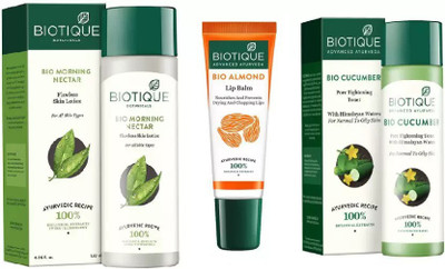 

BIOTIQUE BIO Morning Nectar Flawless Skin Moisturizer, Cucumber Pore Tightening Toner, LIP BALM(Set of 3)