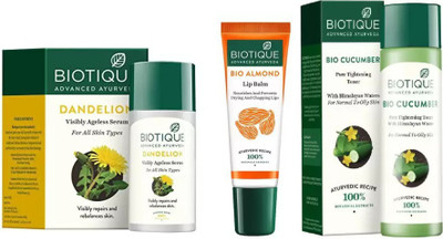 

BIOTIQUE BIO Dandelion Ageless Lightening Serum, Cucumber Pore Tightening Toner , LIP BLAM(Set of 3)