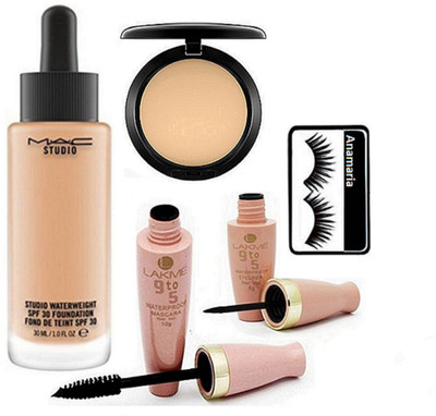 

anamaria Eyelashes & Mac Studio Water Weight Foundation &Lakme 9 to 5 Eyeliner+Mascara & Compact(Set of 5)