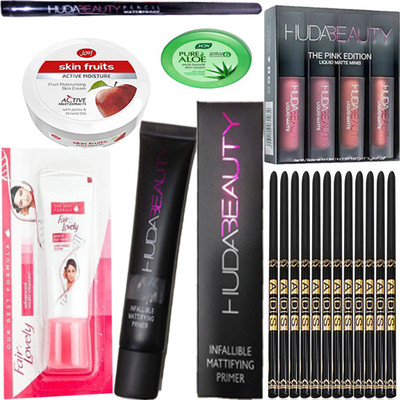 

Joy Skin Fruits Active Moisture (8 ml) & Aloe Multi Body Lotion Skin Cream (15 ml), Multi Vitamin (15 g) Of Fair & Lovely , Waterproof Eyeliner , Primer 35 ml , 4 Mini Lipstick Pink Edition Of Huda , 12 Ads Waterproof Eyeliner(Set of 1)