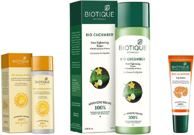 

BIOTIQUE BIO Sandalwood Ultra Soothing Face Lotion 50+ SPF UVA/UVB, Cucumber Pore Tightening Toner , LIP BALM(Set of 3)