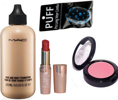 

Pro longwear combo Silicone Puff, Mac Face & Body Liquid Foundation , Pink Sheertone Blusher & Lakme 9to5 crease-less Lipstick(Set of 4)
