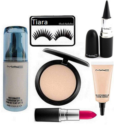 

tiara Eyelashes, Mac Match Master Foundation,Compact, Select Cover up Concealer, Stick kajal,matte Finish Lipstick(Set of 6)