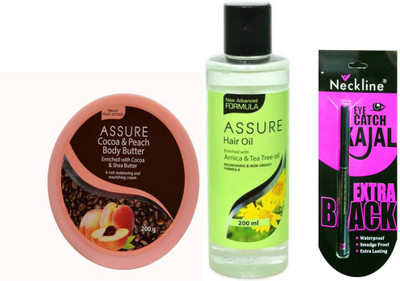 

Assure Cocoa & Peach Body Butter (200 g)+Hair Oil with Arnica & Tea Tree Oil Hair Oil (200 ml) with neckline kajal {SET 3}(Set of 1)