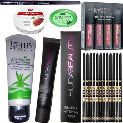 

Lotus White Glow (50 g) , Joy Skin Fruits Active Moisture (8 ml), Joy Aloe Multi Body Lotion Skin Cream (15 ml) , Waterproof Eyeliner , Primer 35 ml, 4 Mini Lipstick Pink Edition Of Huda , 12 Ads Eyeliner(Set of 1)