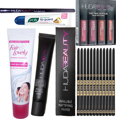 

Fair & Lovely Face Wash (20 g) , Lip Guard (12 g) , One Waterproof Eyeliner Stay For 36 Hrs , Primer 35 ml , Mini Lipstick Pink Edition Pack Of 4 Of Huda , 12 More Waterproof ADS Eyeliner(Set of 1)