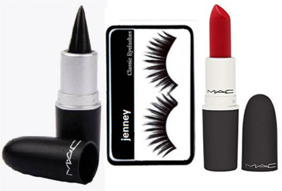 

jenney Eyelashes& Mac Kajal Stick Pure & Dark Black & Mac Lipstick(Set of 3)