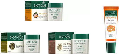 

BIOTIQUE BIO ALMOND SOOTHING & NOURISHING EYE CREAM, SEA WEED REVITALIZING ANTI-FATIGUE EYE GEL, MUD FACE PACK , LIP CARE(Set of 4)