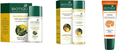 

BIOTIQUE BIO Dandelion Ageless Lightening Serum, PINEAPPLE OIL CONTROL FACE CLEANSER, LIP BALM(Set of 3)