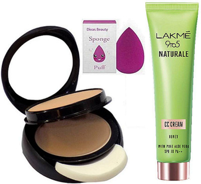 

divas beauty Sponge Puff With 2 Way Pressed Powder Compact, Naturale CC Cream(Set of 3)