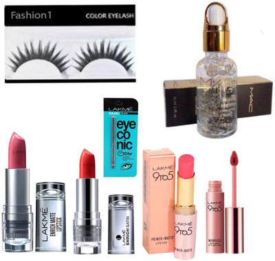 

FASHION 1 Combo kit of lakme eyeconic kajal,enrich lipstick,primer+matte lipstick,liquid matte lipstick,mac smoothing perfecting primer with eyelashes(Set of 7)