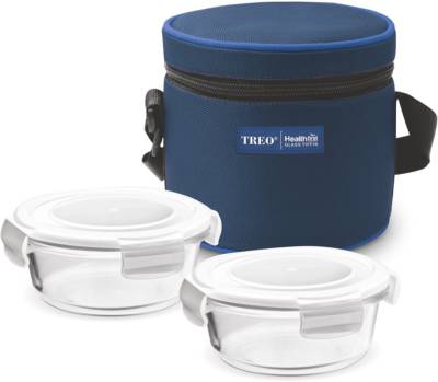 TREO Round Glass Tiffin Box With Blue Cover, 380ml, Set Of 2 Glass Containers Lunch Box 2 Containers Lunch Box  (760 ml)