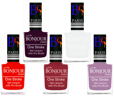 

Bonjour Paris Stylish Nail Polish Set of 5 Pcs 01-02-03-19-28 Orange,Plum,Maroon,White,Light Purple(Pack of 5)
