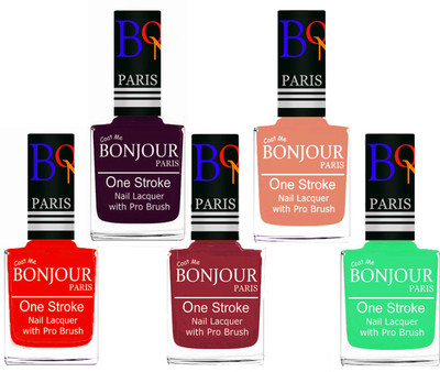

Bonjour Paris Stylish Nail Polish Set of 5 Pcs 01-02-03-23-47 Orange,Plum,Maroon,Peach,Neon Green(Pack of 5)