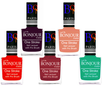 

Bonjour Paris Stylish Nail Polish Set of 5 Pcs 01-02-03-23-44 Orange,Plum,Maroon,Peach,Green(Pack of 5)