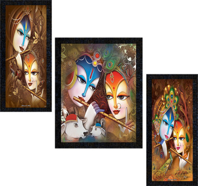 Poster N Frames Set Of 3 Radha Krishna Digital Reprint 14 inch x 22 inch Painting(With Frame, Pack of 3)