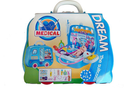 

Amazia Medical Equipment Doctor Play Kit set (18 pieces) in Medical Suitcase With Wheels To Play at Home for Kids.