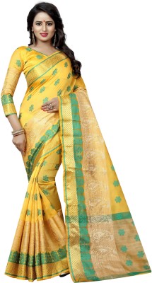 FINEWEAR Self Design Banarasi Cotton Silk Saree(Green, Yellow)