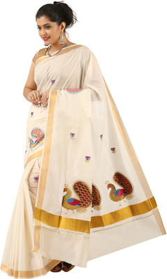 Selvamani Tex Embroidered Kasavu Cotton Blend Saree(White)