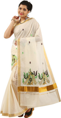 RSV FABRICS Self Design, Embroidered Bollywood Cotton Blend Saree(White)